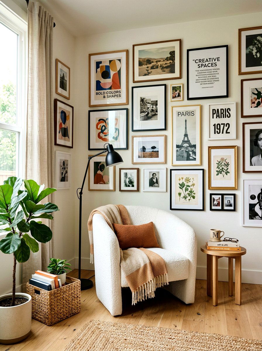 Gallery wall boucle chair corner - 30 boucle chair corner ideas