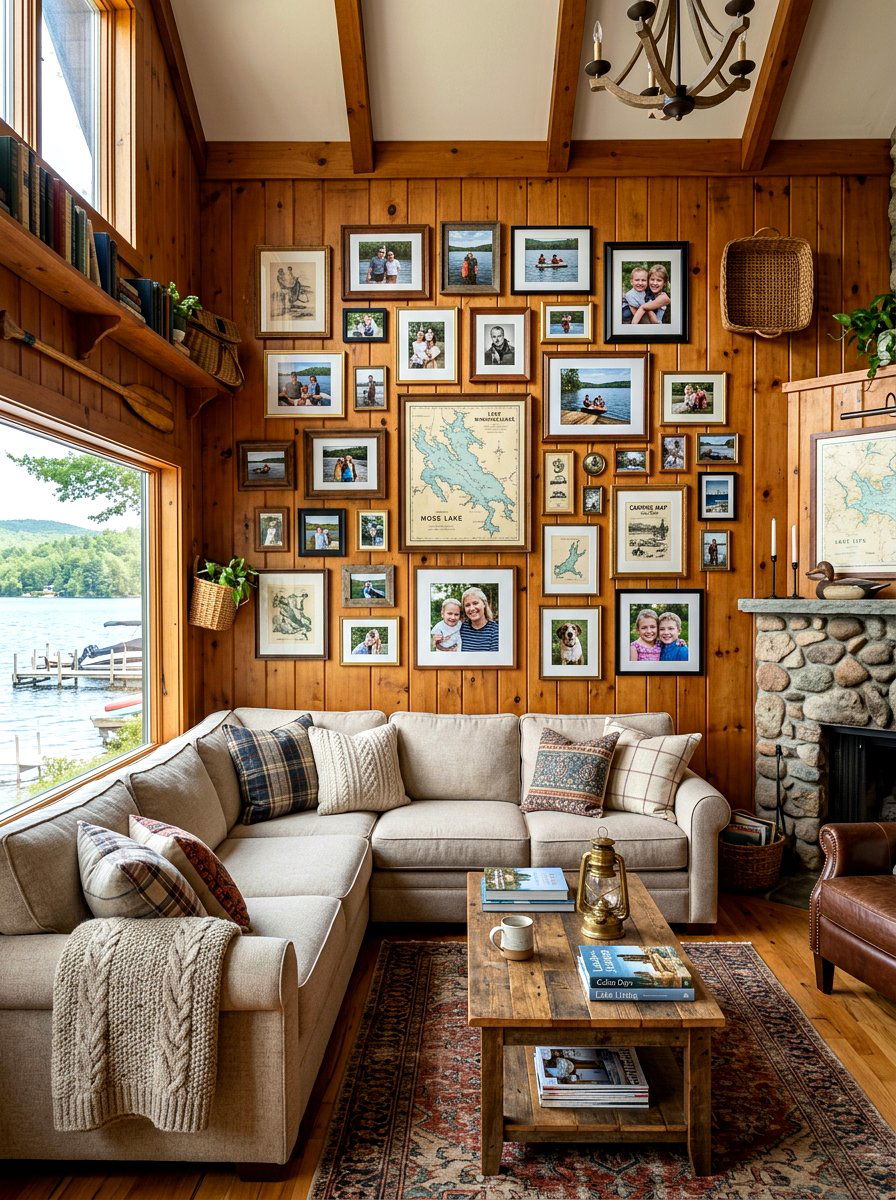 Gallery wall lake house - 30 lake house living room ideas