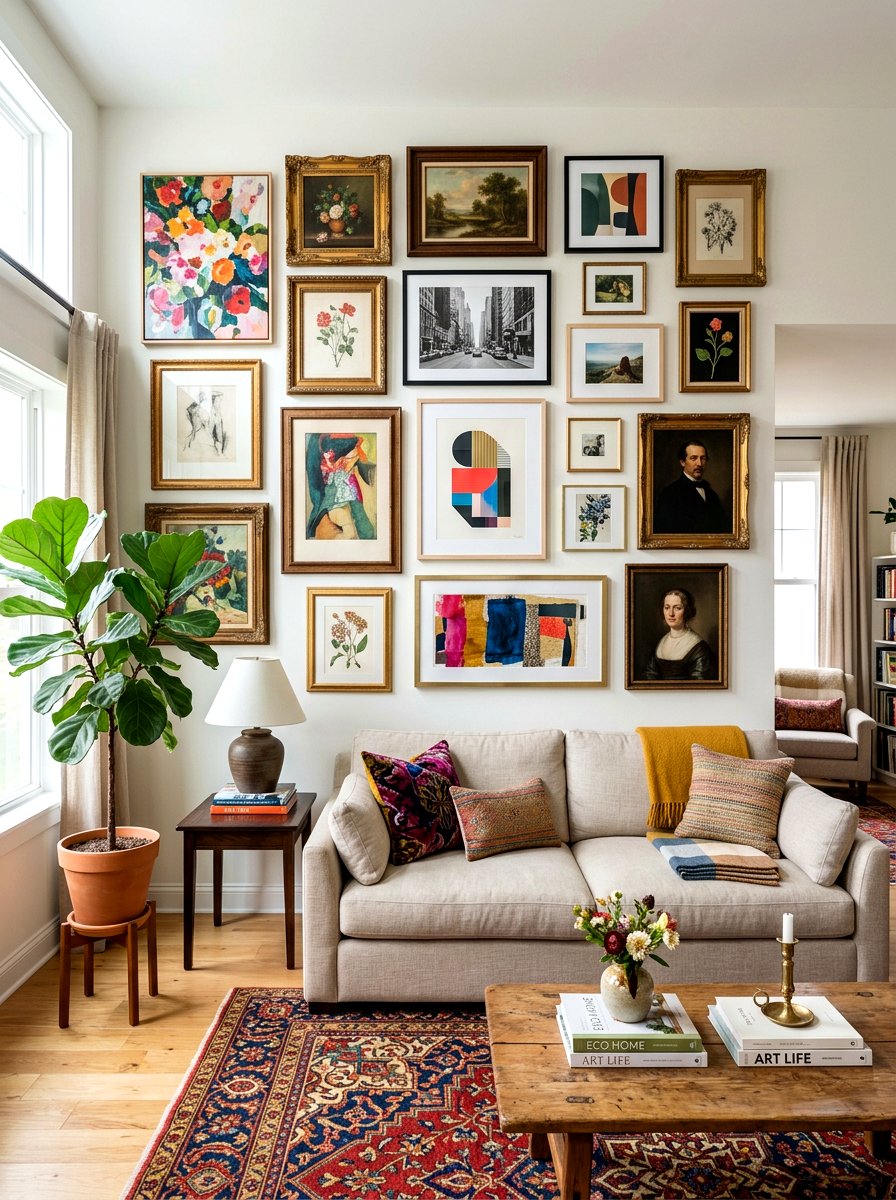 Gallery wall living room - 30 modern eclectic living room ideas