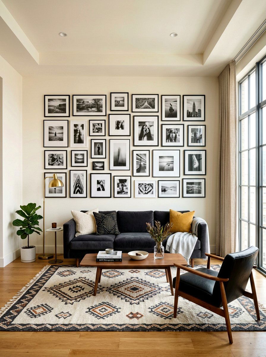 Gallery wall living room - 30 hotel chic living room ideas