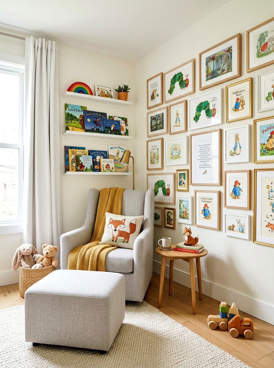 Gallery wall nursery corner - 30 nursery reading corner ideas aesthetic