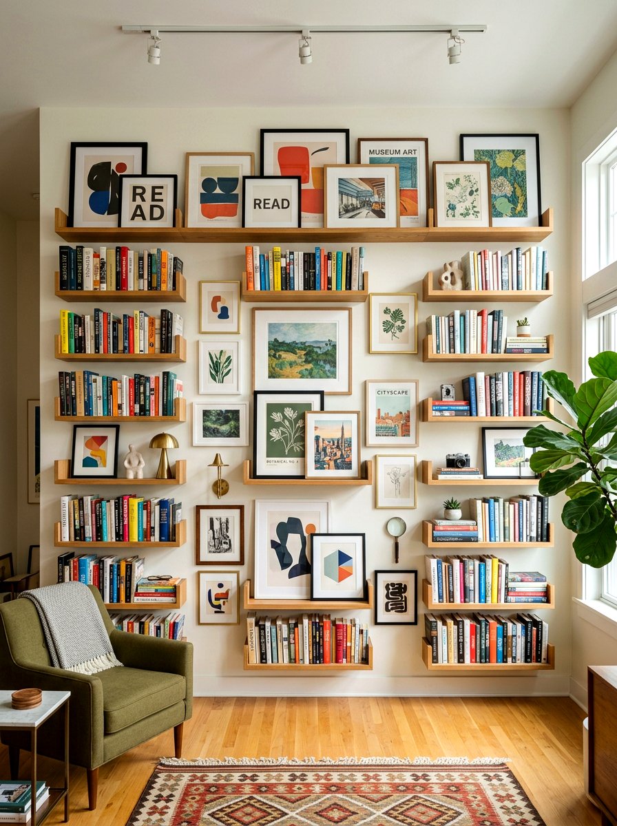Gallery wall with bookshelves - 30 bookshelf styling living room ideas