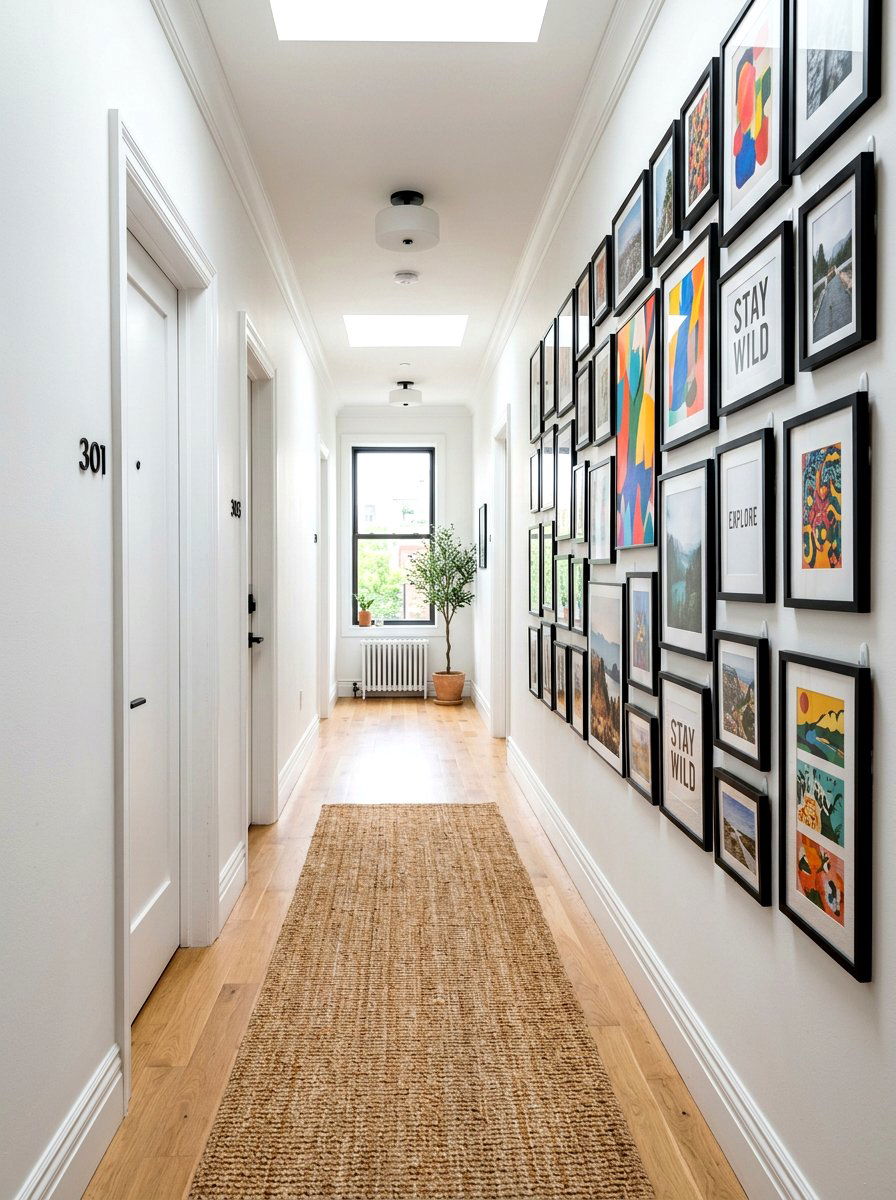 Gallery wall with command hooks - 30 narrow rental hallway ideas