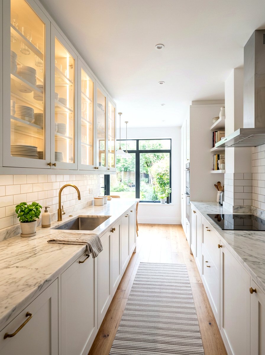 Galley Kitchen With Glass Cabinets - 30 cozy galley kitchen ideas