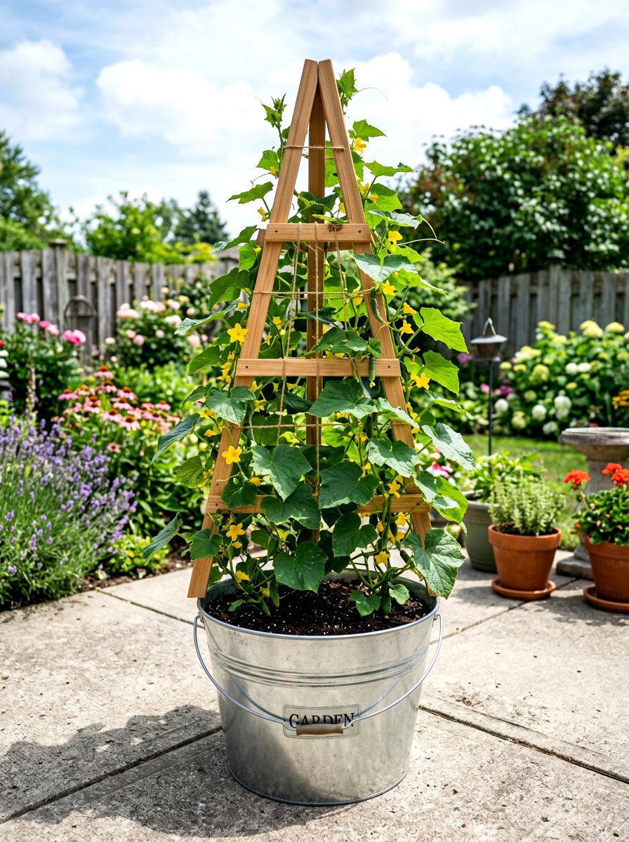 Galvanized Bucket Cucumber Trellis - 30 container vegetable garden ideas