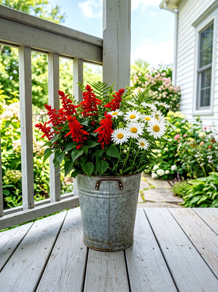 Galvanized Bucket Floral Arrangement - 30 Fourth of July porch ideas