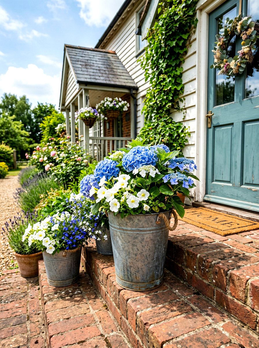 Galvanized Bucket Flower Pot - 30 porch steps flower pot ideas