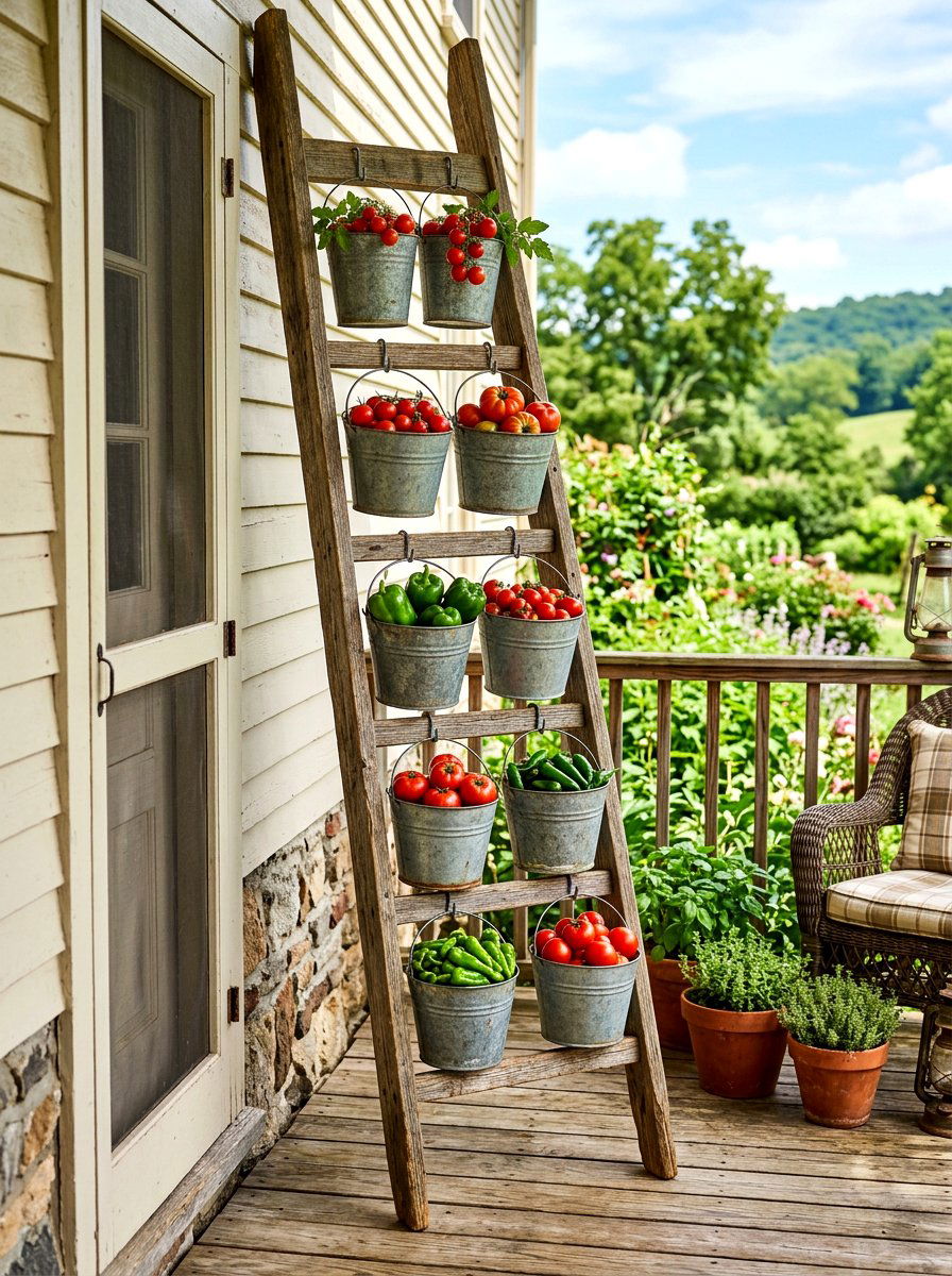 Galvanized Bucket Ladder - 30 container garden stand ideas