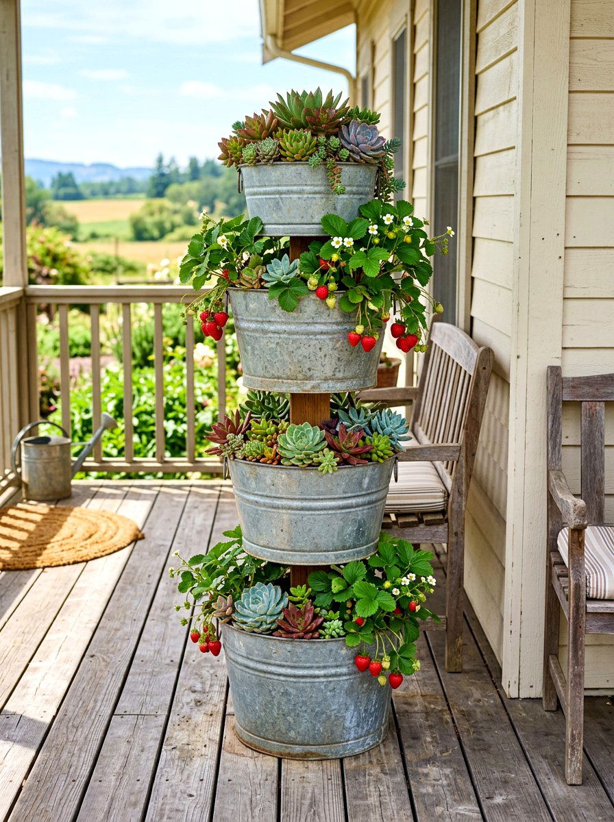 Galvanized Bucket Planter Tower - 30 tiered planter ideas