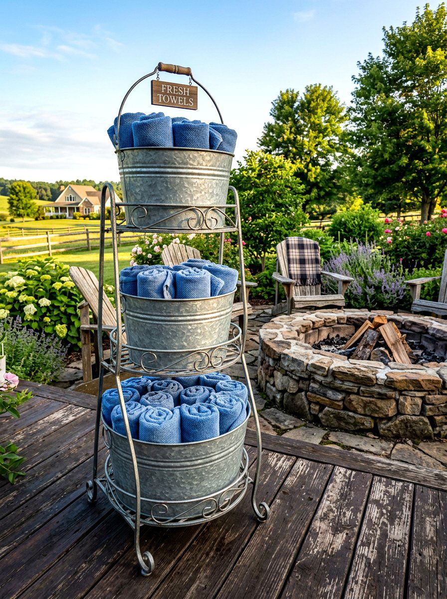 Galvanized Bucket Stand - 30 outdoor towel storage ideas