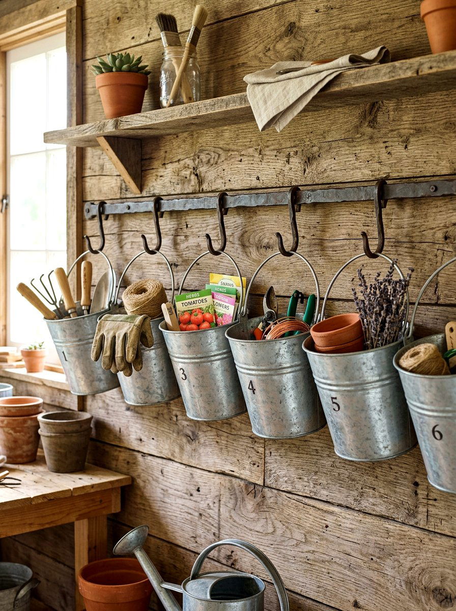 Galvanized Bucket Storage - 30 garden tool organizer ideas