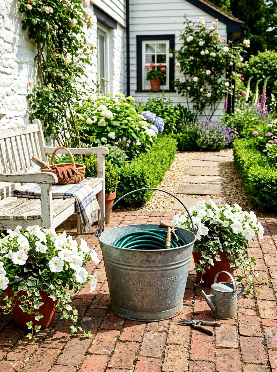 Galvanized Hose Bucket - 30 hose storage ideas