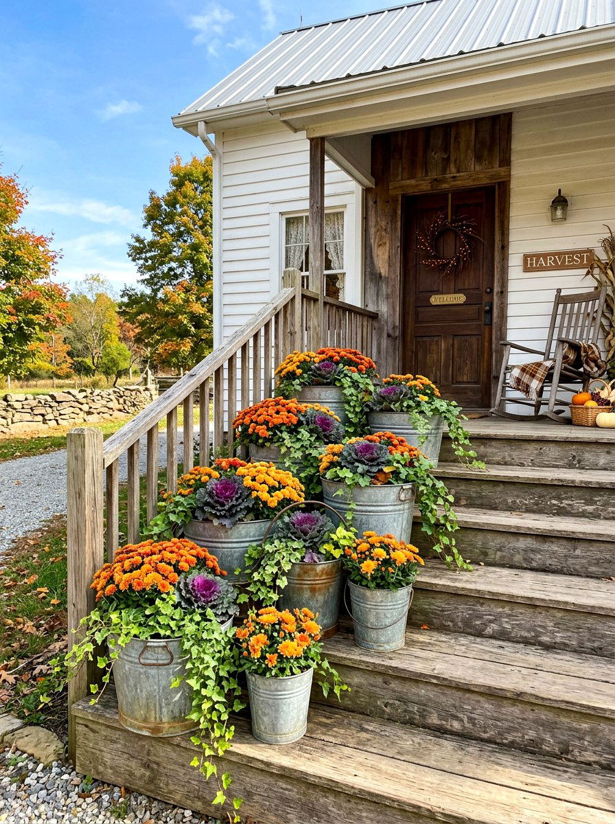 Galvanized Metal Bucket Planter - 30 fall porch planter ideas