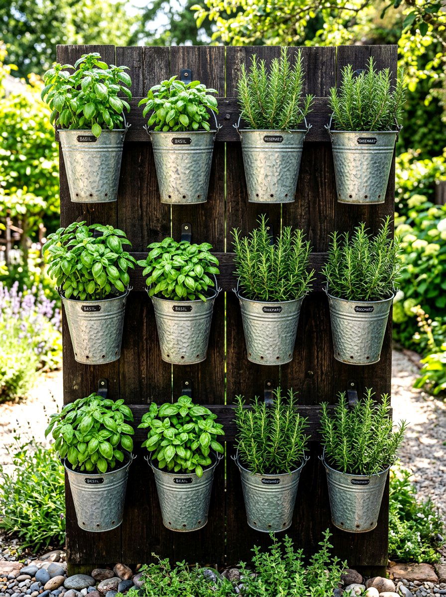 Galvanized Metal Bucket Wall - 30 rustic vertical garden ideas