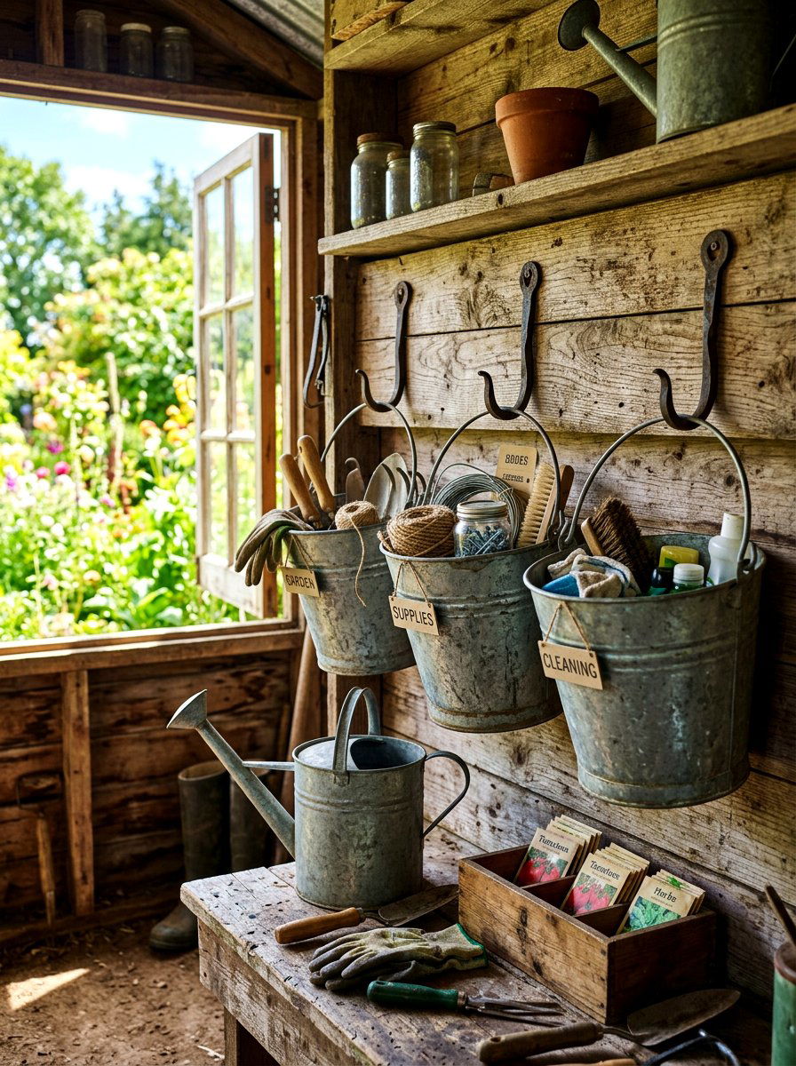 Galvanized Metal Buckets - 30 garden shed storage ideas