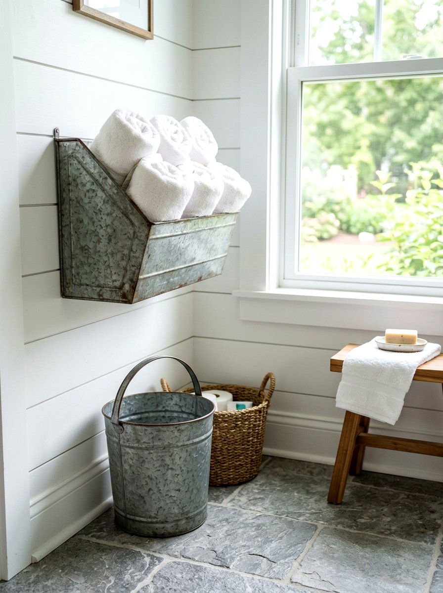 Galvanized Metal Decor - 30 cottage farmhouse bathroom ideas