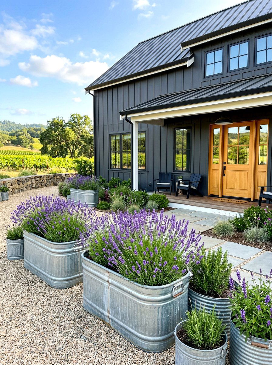 Galvanized Metal Farm Planters - 30 oversized planter curb appeal ideas