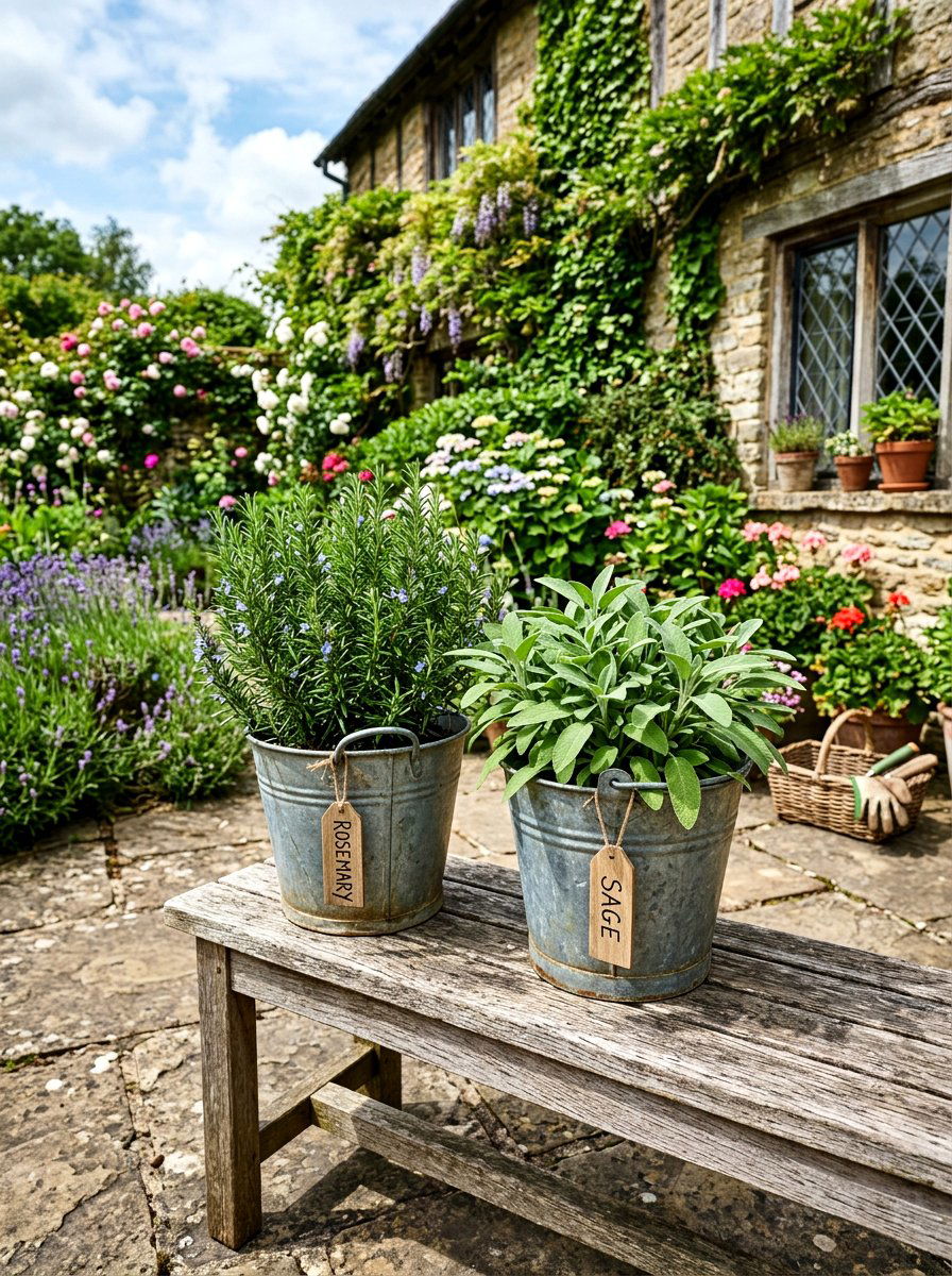 Galvanized Metal Herb Buckets - 30 herb container garden ideas