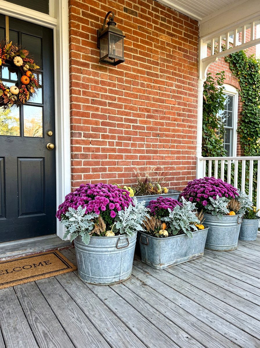 Galvanized Metal Porch Planters - 30 fall front porch ideas