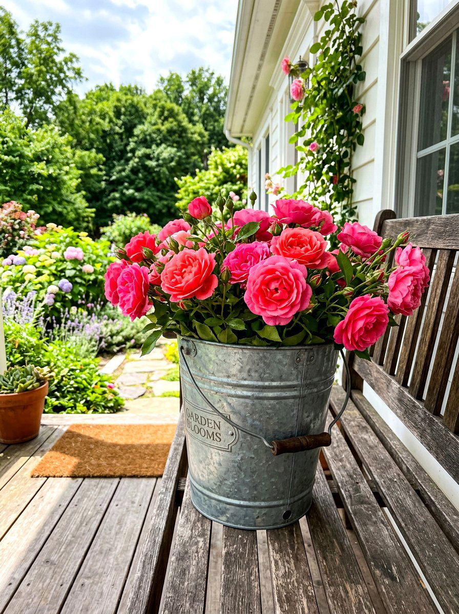 Galvanized Metal Rose Bucket - 30 porch rose planter ideas