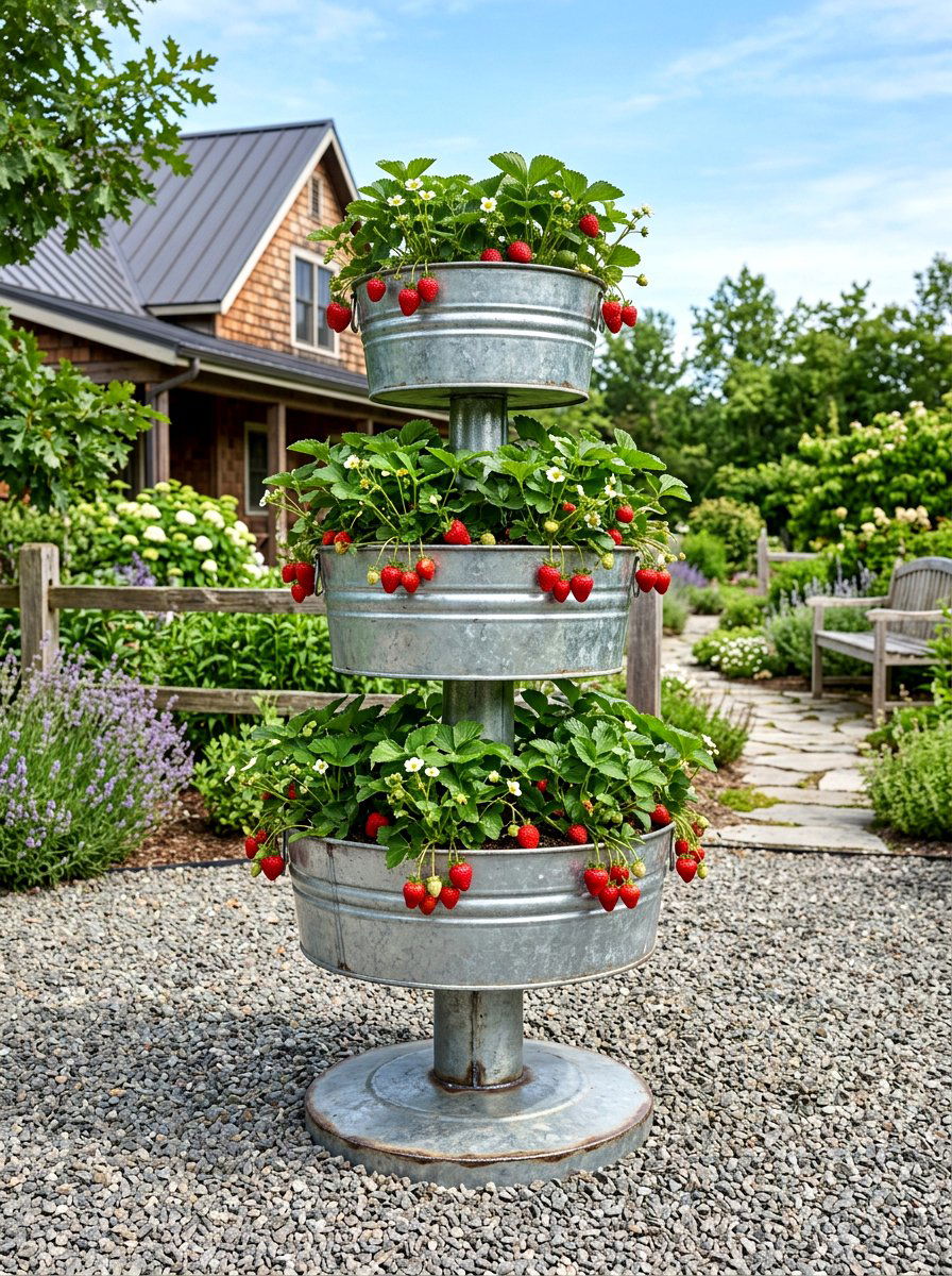 Galvanized Metal Tiered Planter - 30 strawberry tower ideas