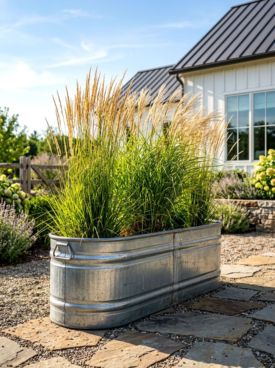 Galvanized Metal Trough Planter - 30 porch column planter ideas