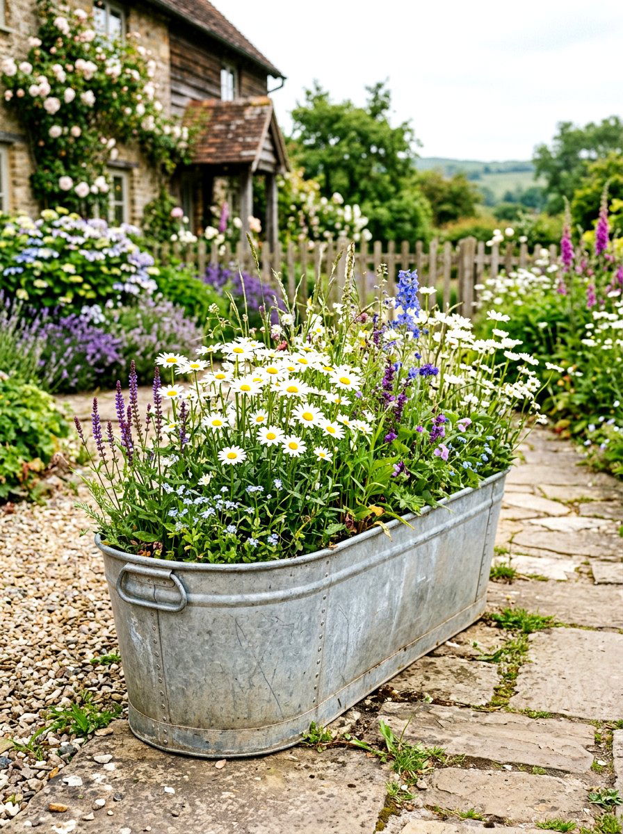 Galvanized Metal Trough Planter - 30 flower box railing ideas