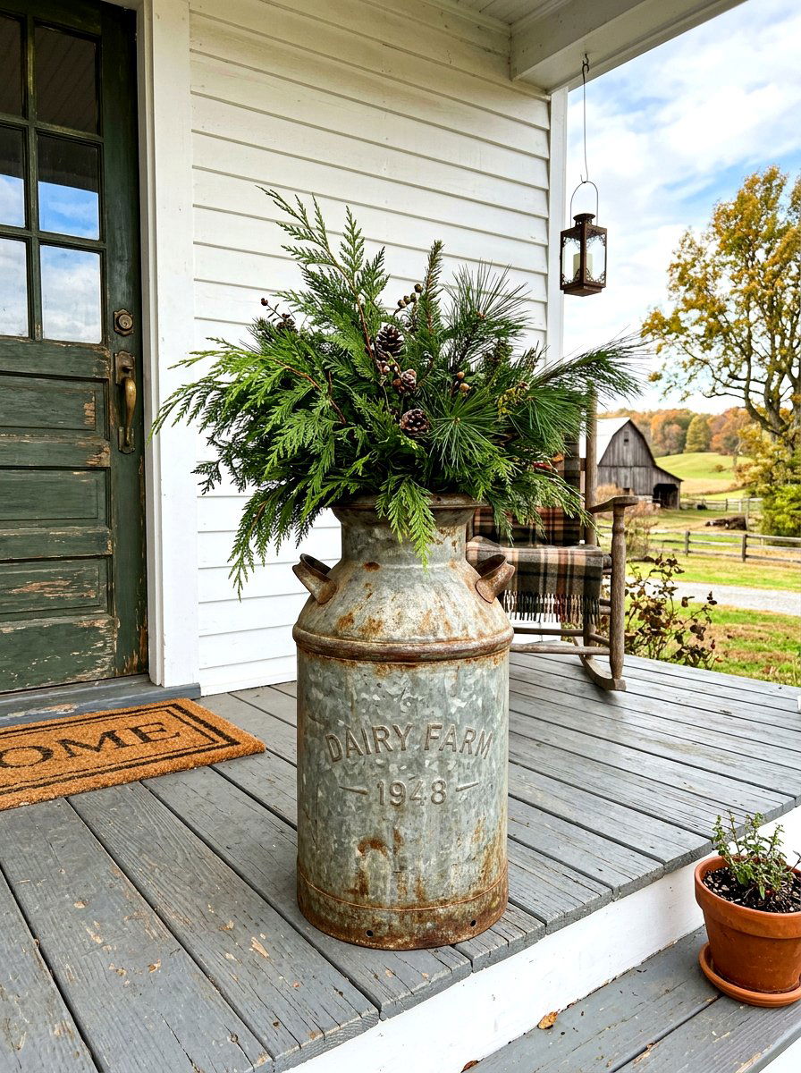 Galvanized Milk Can Boughs - 30 winter porch planter ideas