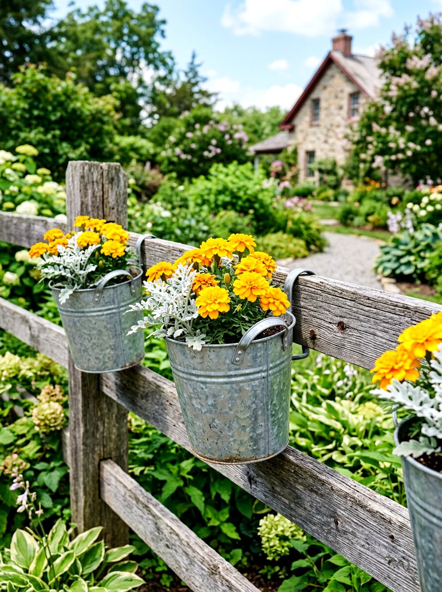 Galvanized Steel Bucket - 30 fence planter ideas