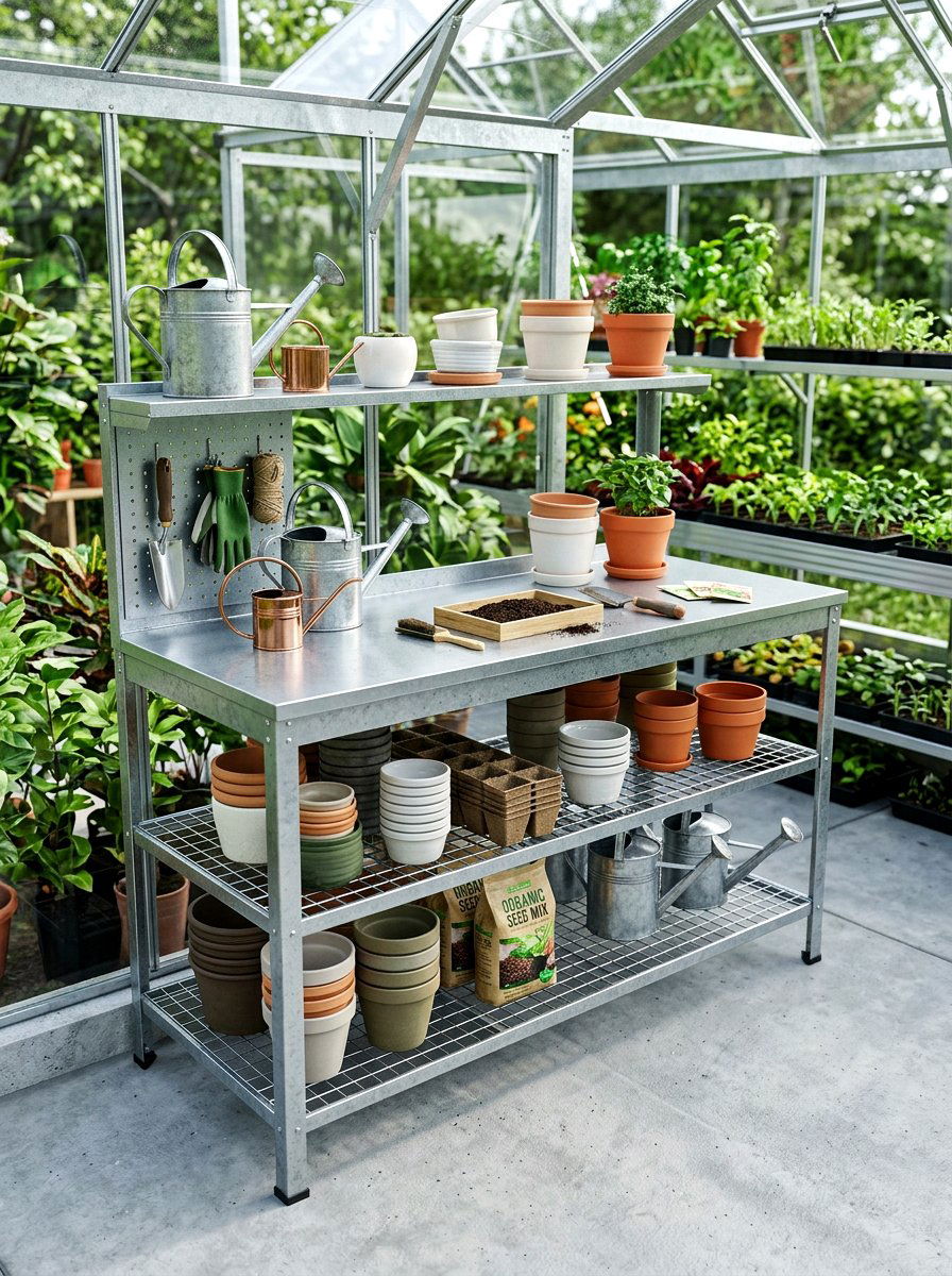 Galvanized Steel Garden Bench - 30 greenhouse potting area ideas