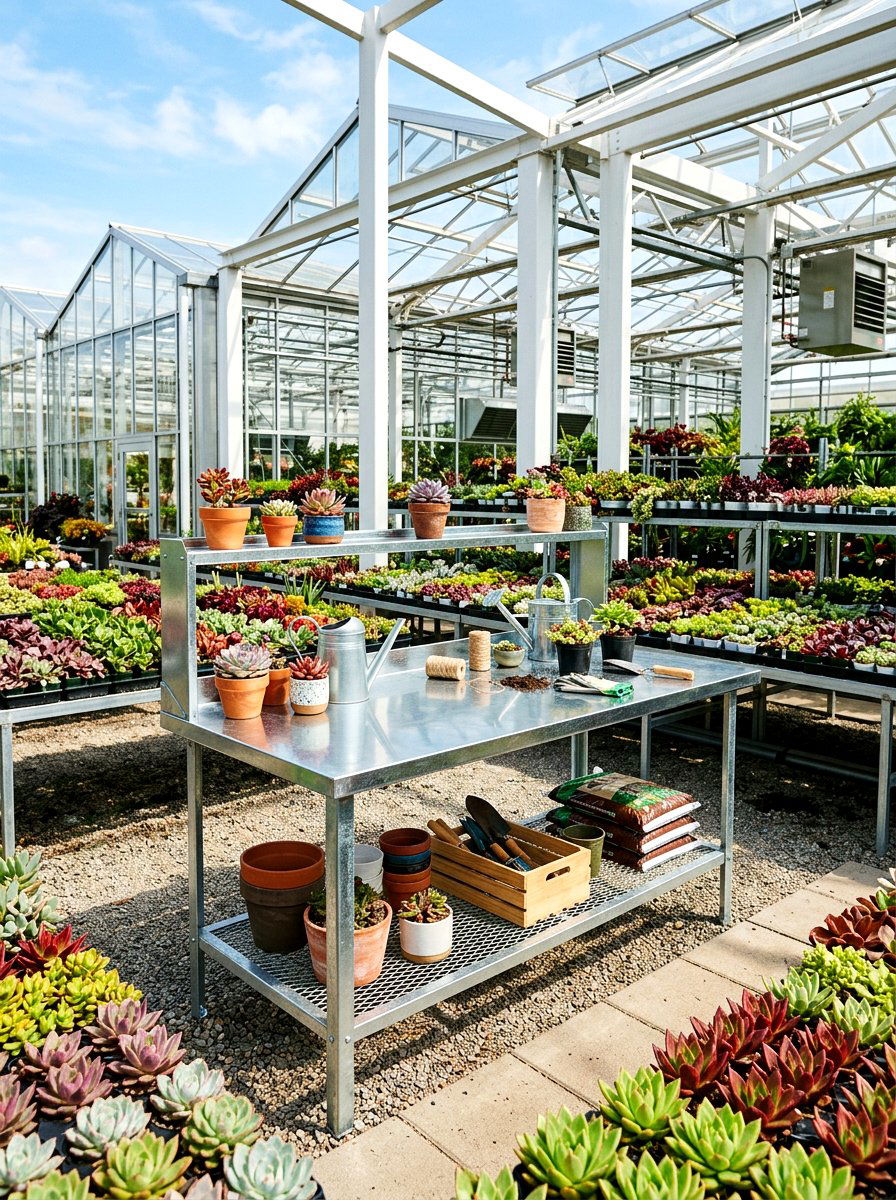 Galvanized Steel Potting Bench - 30 greenhouse potting bench ideas