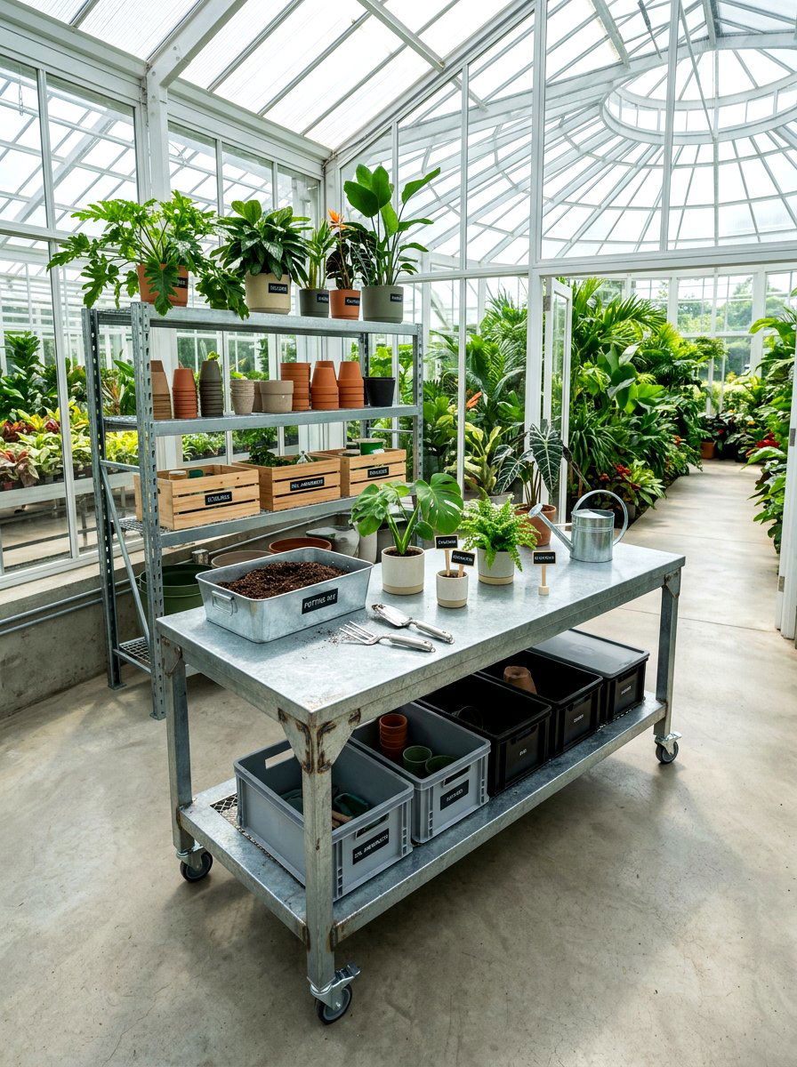 Galvanized Steel Work Table - 30 greenhouse storage bench ideas