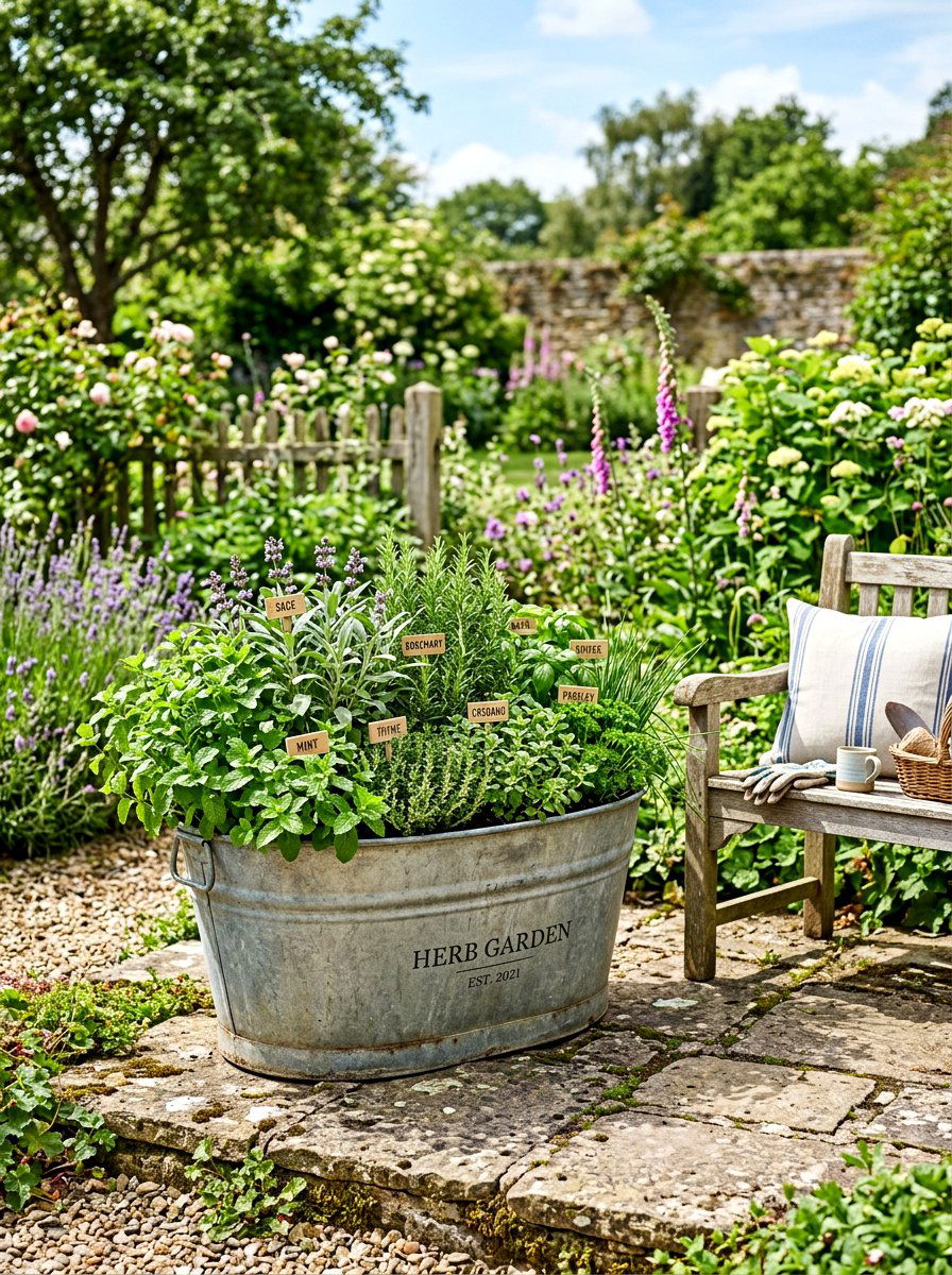 Galvanized Tub Herb Garden - 30 patio herb garden ideas