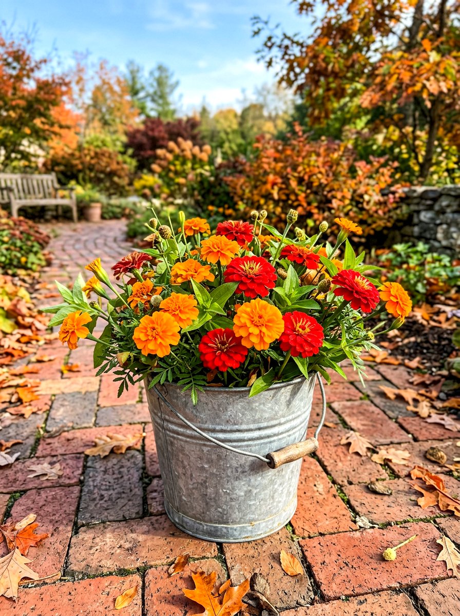 Galvanized bucket autumn flower display - 30 autumn planter ideas