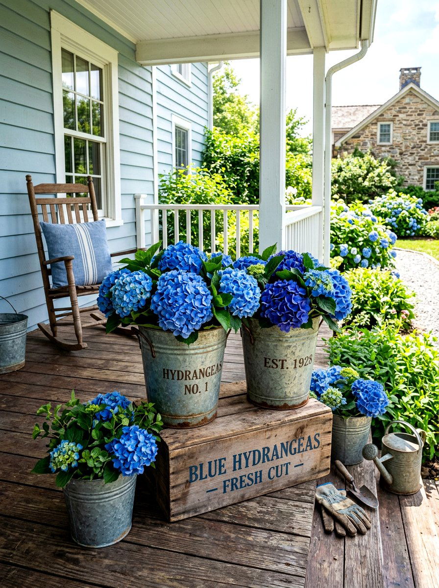 Galvanized bucket hydrangea porch display - 30 hydrangea heavy front porch ideas