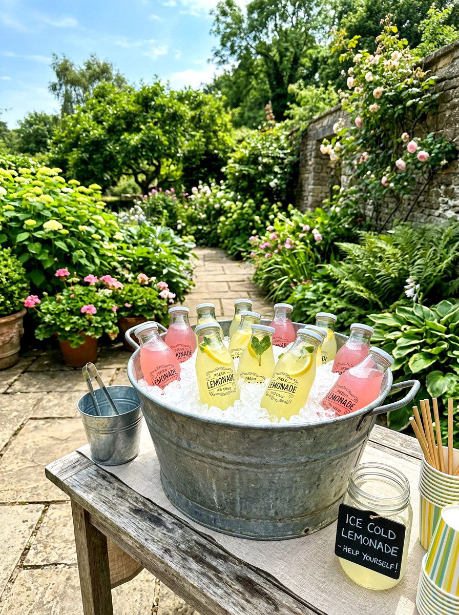 Galvanized bucket ice station - 30 lemonade patio party ideas