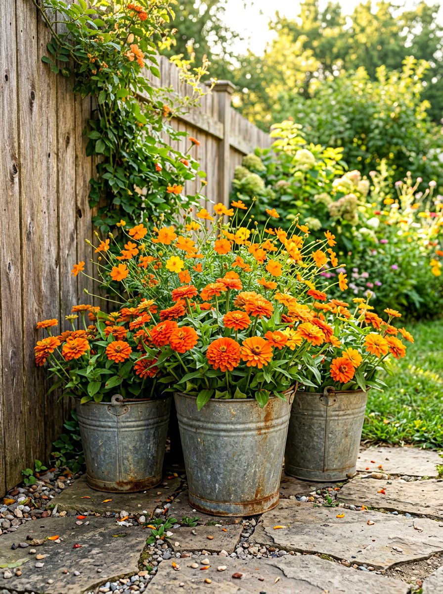 Galvanized bucket planter - 30 flower container garden ideas