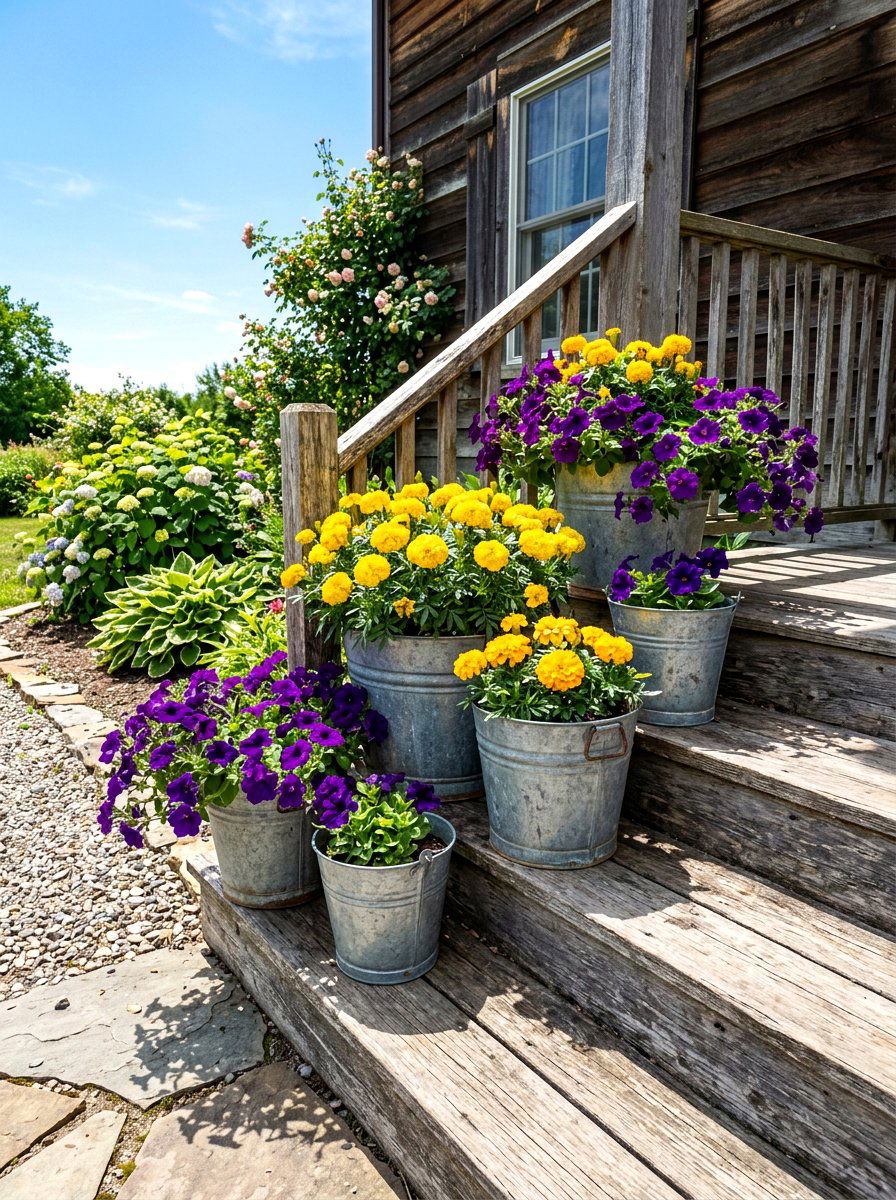 Galvanized bucket planters - 30 country porch decor ideas