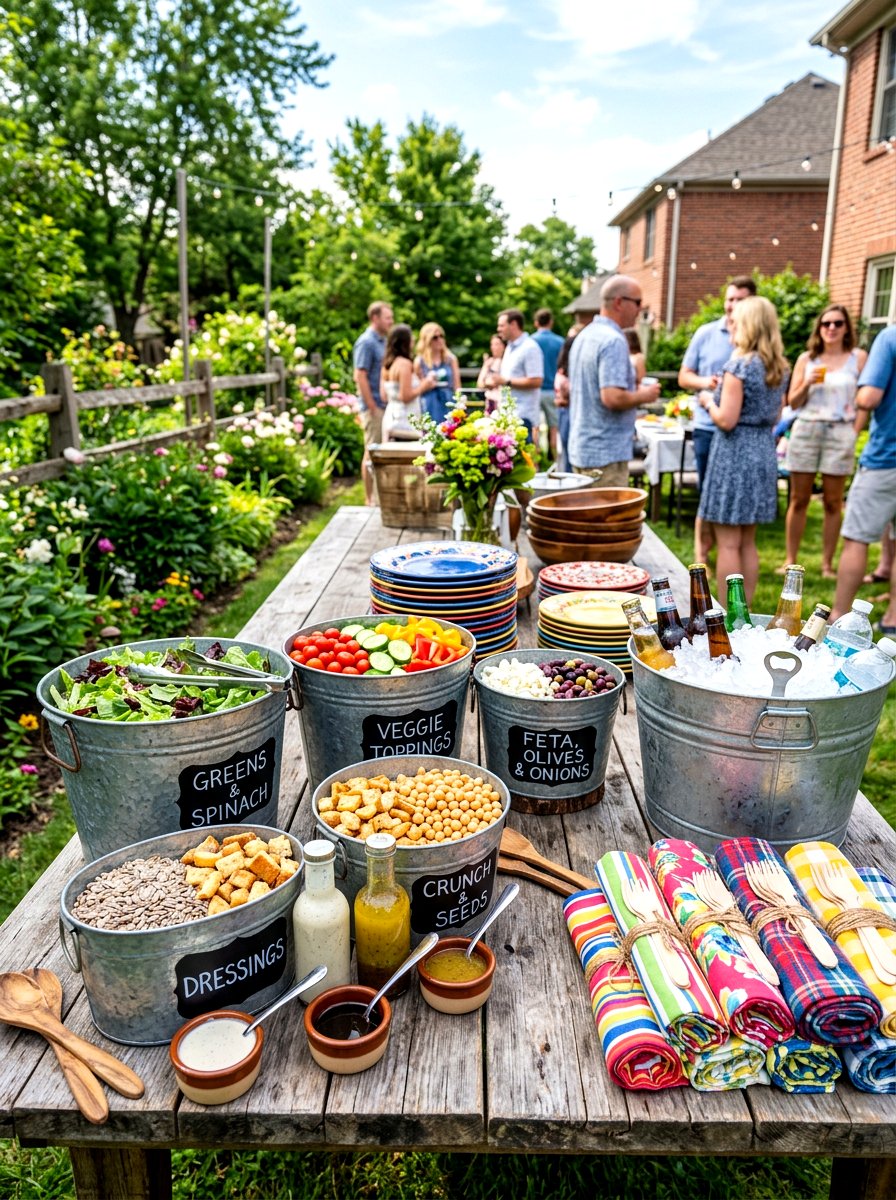 Galvanized bucket salad buffet station - 30 garden salad tablescape ideas