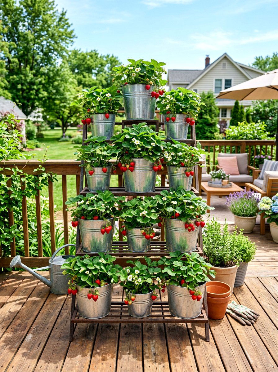 Galvanized bucket strawberry garden - 30 strawberry planter ideas