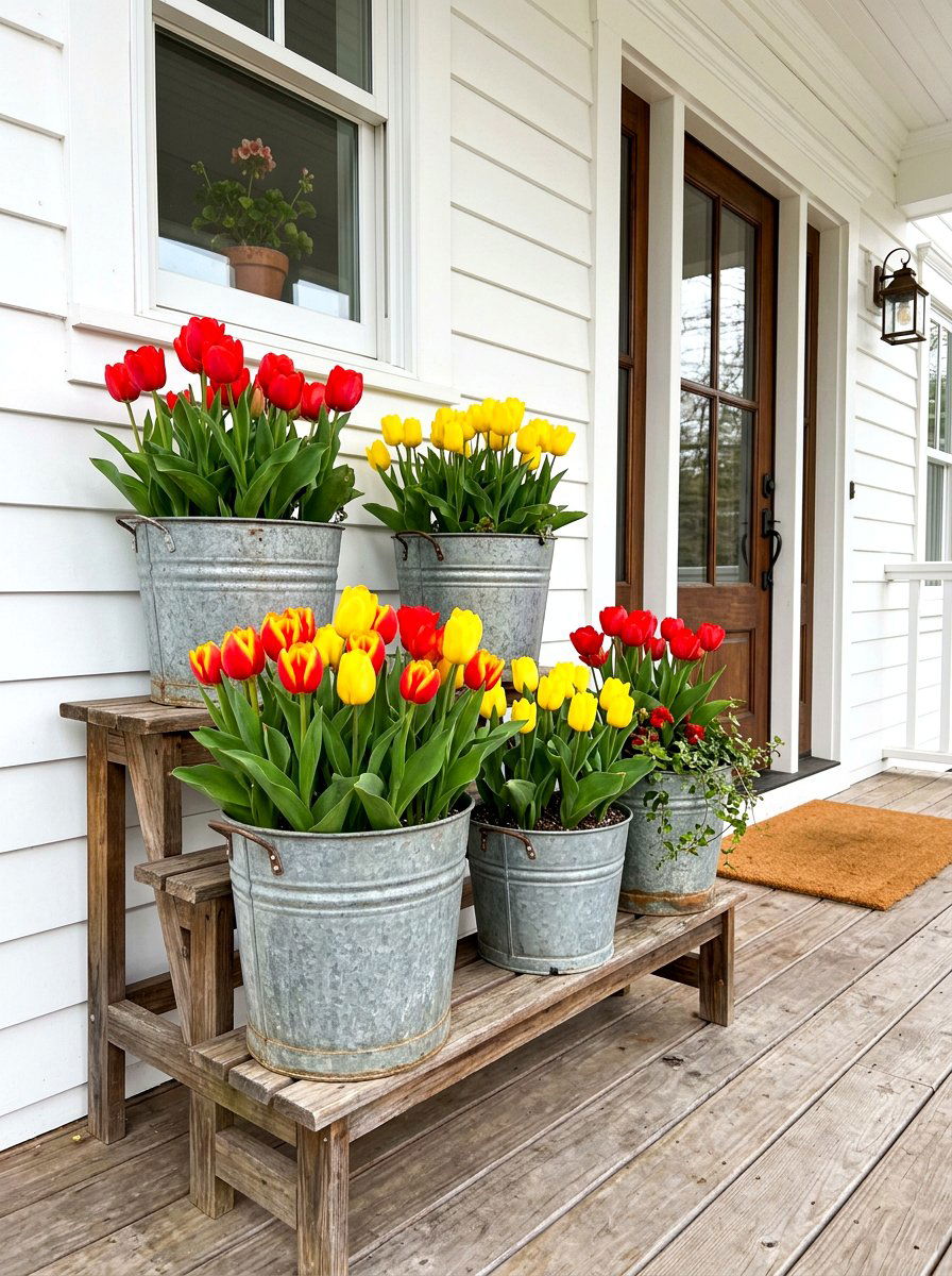 Galvanized buckets for flowers - 30 spring porch layering ideas