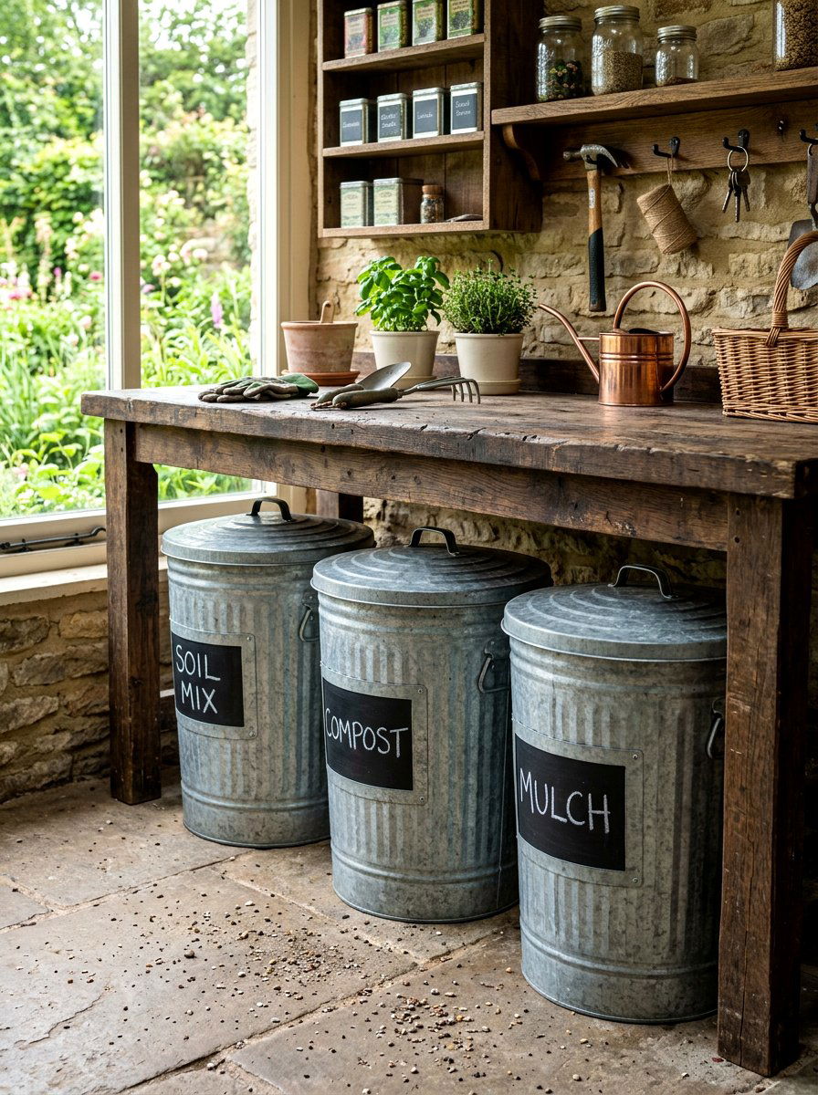 Galvanized metal bins - 30 potting shed storage ideas
