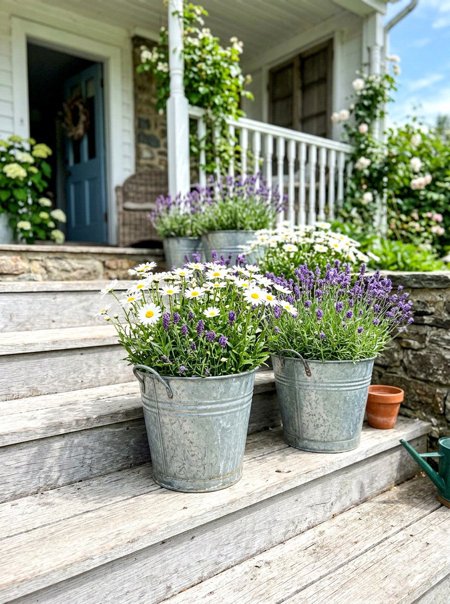 Galvanized metal bucket planters - 30 front porch planter ideas