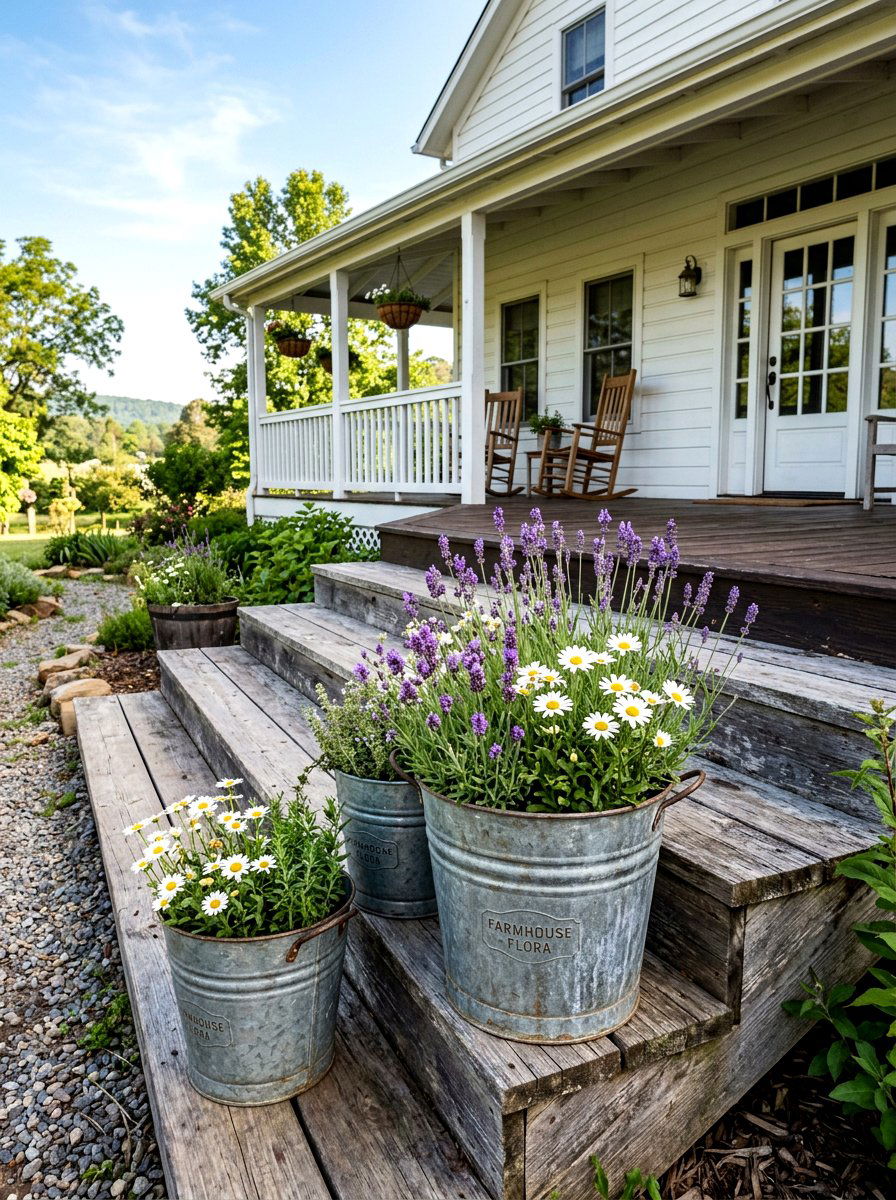 Galvanized metal buckets - 30 porch step planter ideas