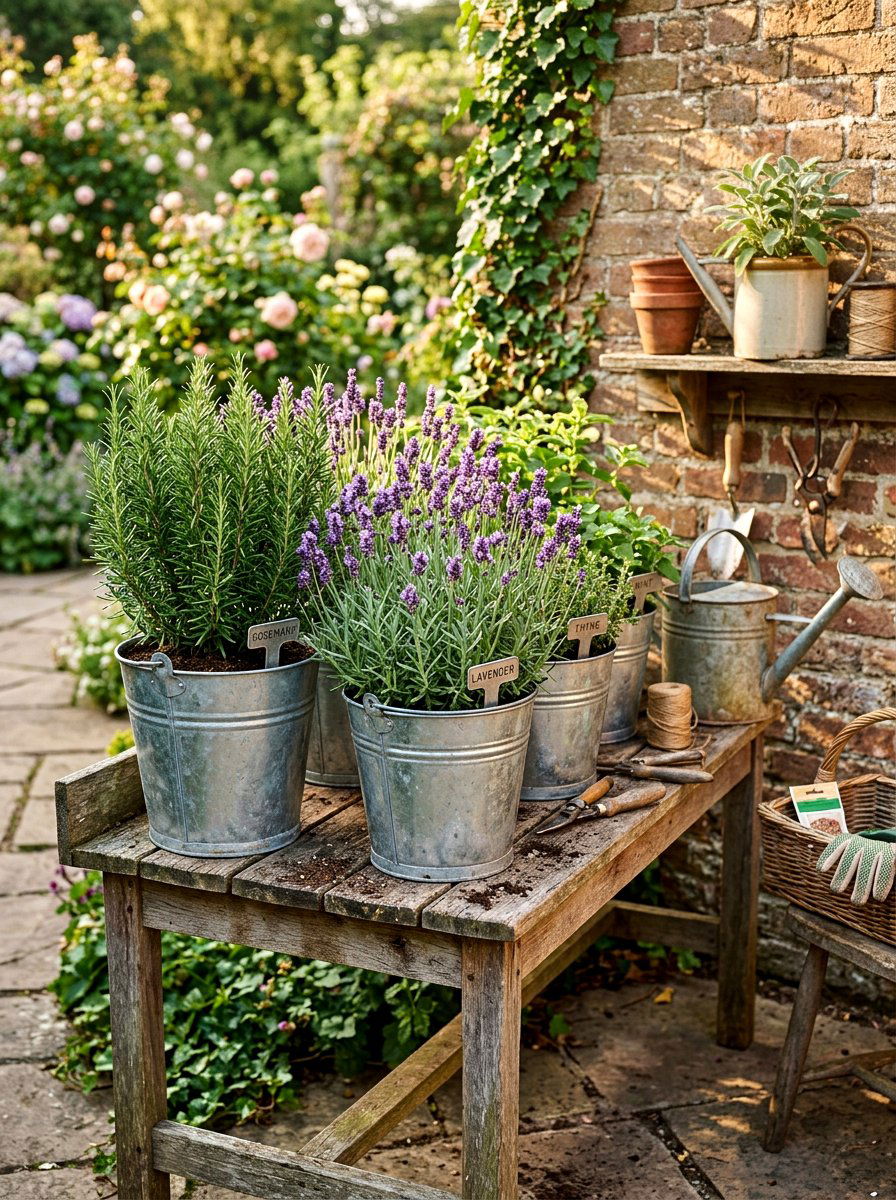 Galvanized metal herb buckets - 30 herb garden planter ideas