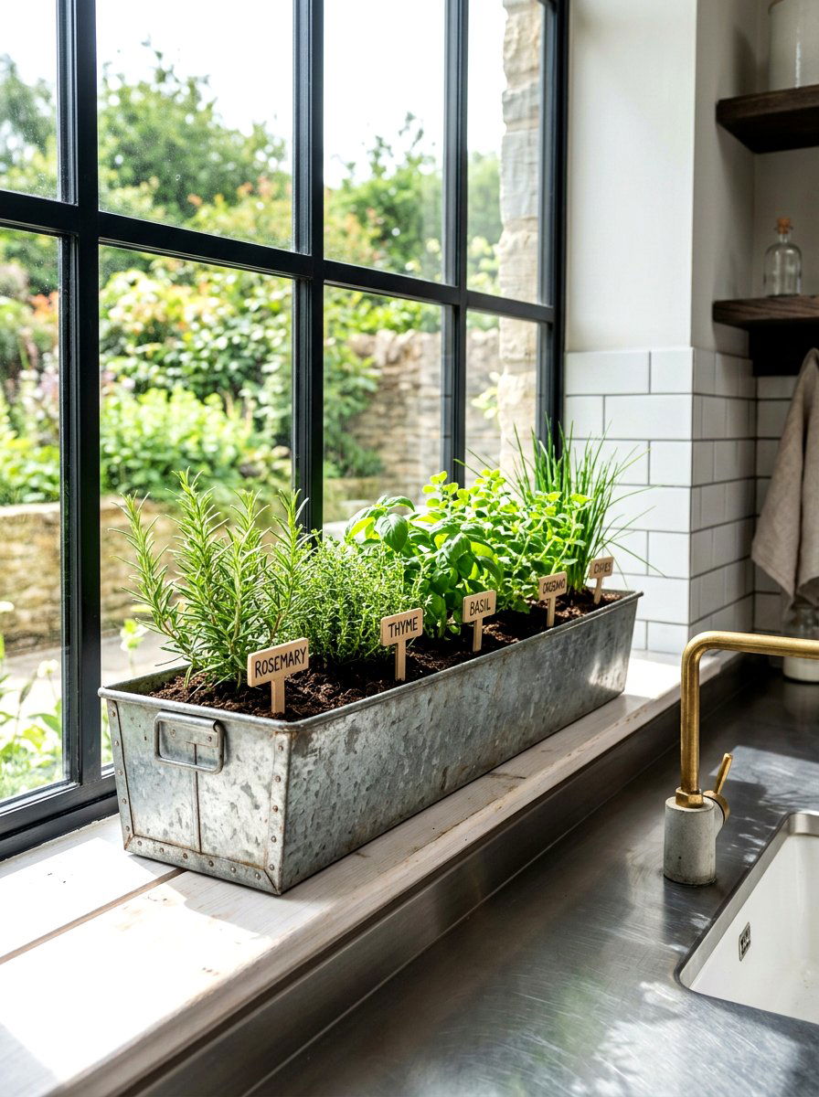Galvanized metal herb trough - 30 windowsill herb garden ideas