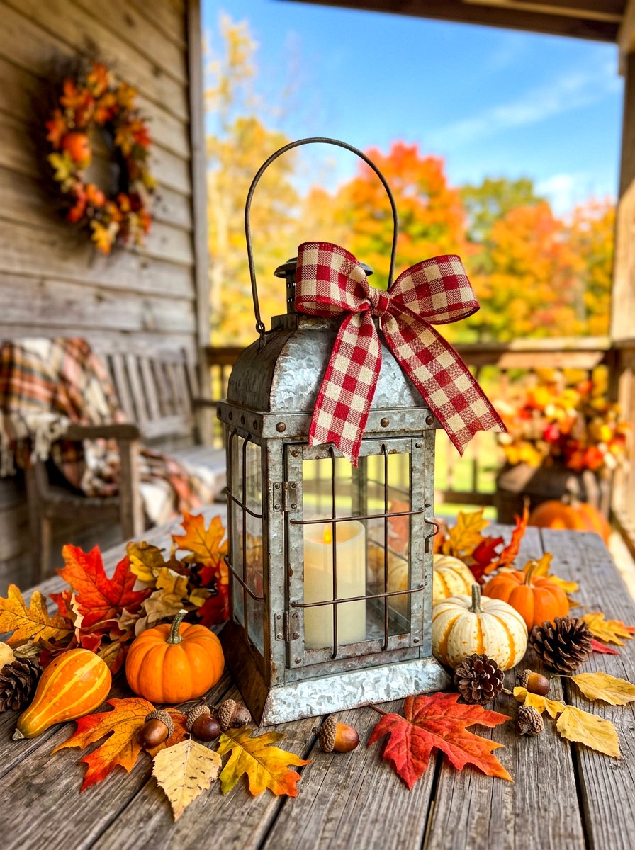 Galvanized metal lantern with ribbon - 30 porch lantern styling ideas