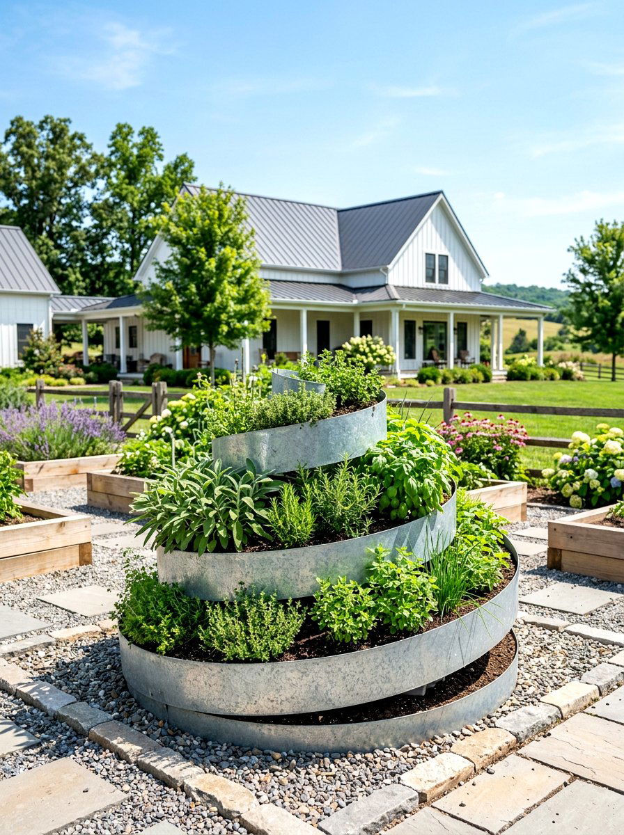 Galvanized steel herb spiral - 30 raised herb spiral ideas