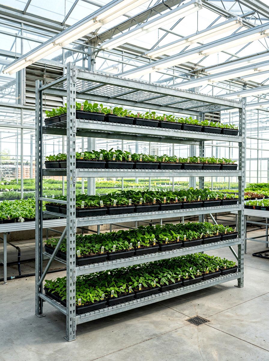 Galvanized steel shelving - 30 greenhouse shelving ideas