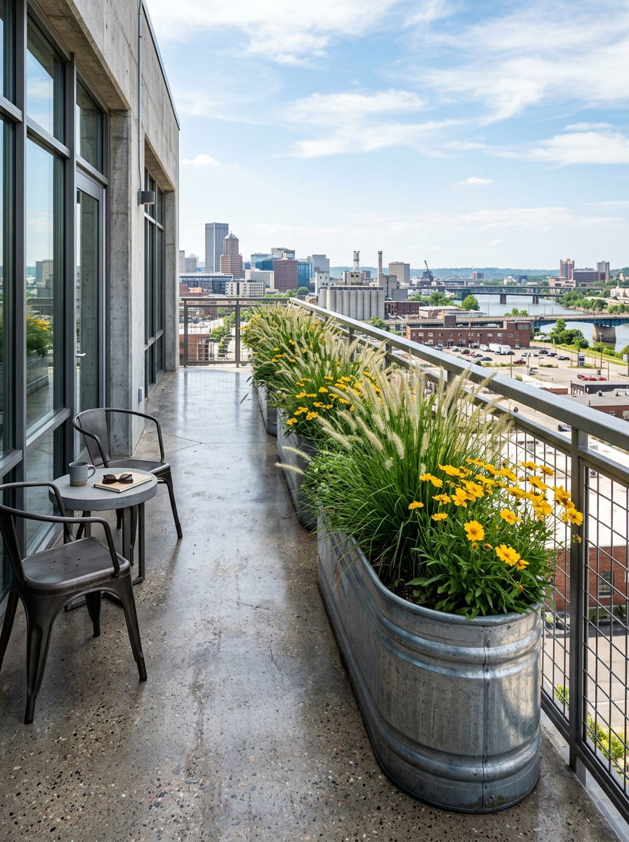 Galvanized steel trough for railing - 30 railing planter ideas